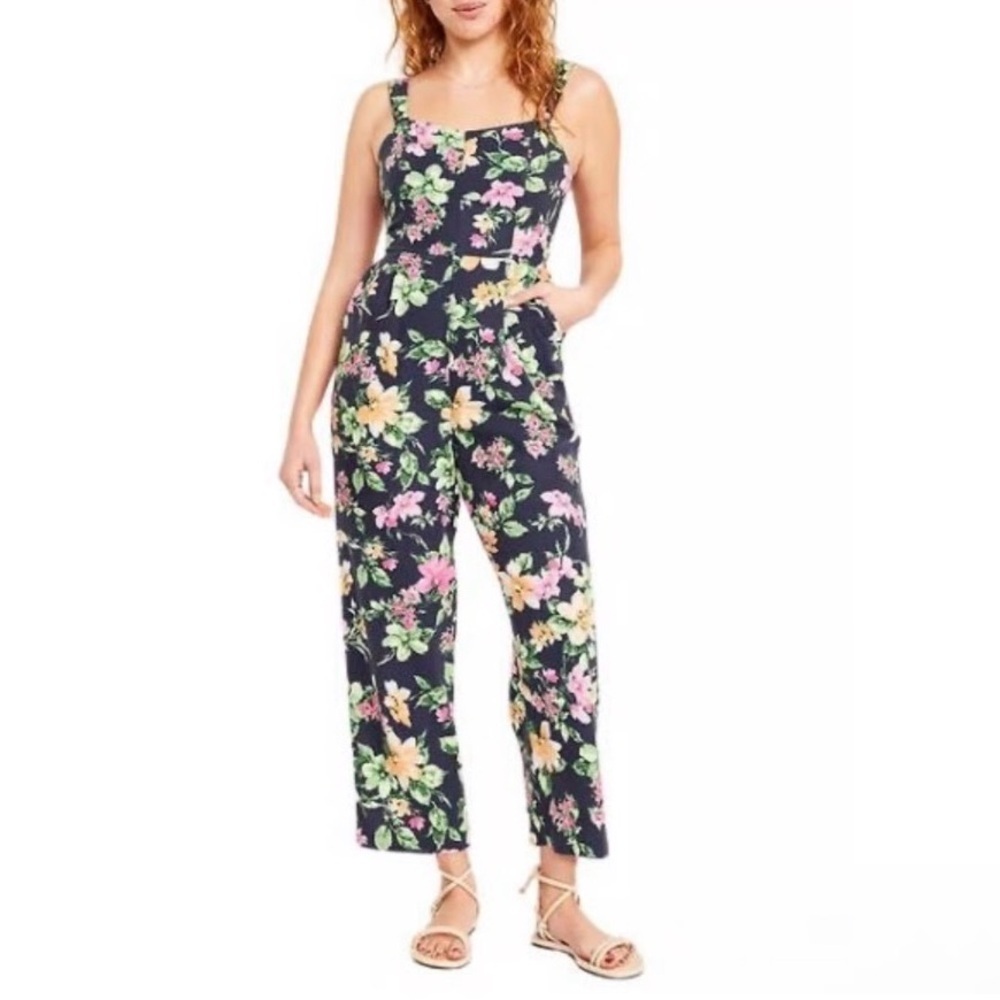 Old Navy Navy Floral Wide Leg Linen Jumpsuit Size Large